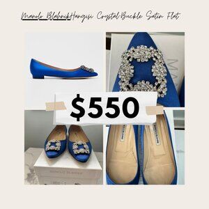 Manolo Blahnik Hangisi Crystal-Buckle Satin Flat - Blue